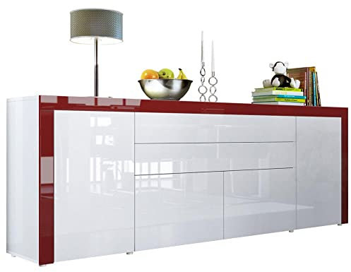 Vladon Sideboard La Paz V2, Made in Germany, Kommode mit 2 Türen, 2 Schubkästen und 2 Klappen, Weiß Hochglanz/Weiß Hochglanz/Bordeaux Hochglanz (200 x 72 x 35 cm)
