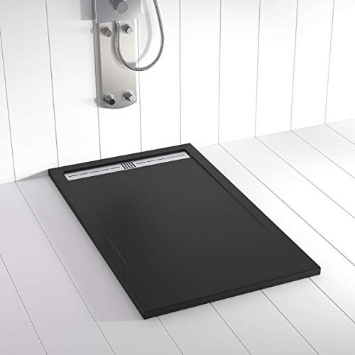 Shower Online Plato de ducha Resina FLOW - 70x140 - Textura Pizarra - Antideslizante - Todas las medidas disponibles - Incluye Rejilla Inox y Sifón - Negro RAL 9005