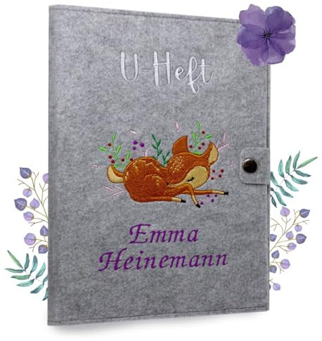 Cozy Racoon U-Heft- und Impfpasshülle aus Filz mit Personalisierung/mit Name | 3- teiliges Set | Hochwertige Hülle für Untersuchungsheft, Impfpass und Versichertenkarte Deines Kindes |Design Rehkitz