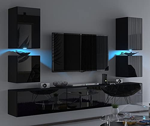 Furnitech Wohnwand Wohnzimmer | Wohnzimmer Möbel mit LED RGB - 16 Farben | Hängend Wohnwand Modern | Wohnzimmer Schrankwand mit Regale und TV Schrank (C75-HG-B1 1A Schwarz)