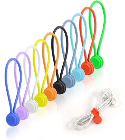 XIHIRCD 10pcs Magnetic Cable Ties Reusable, Snap on Magnetic Cable Ties 10 Colors Silicone Magnetic Ties Strap Twist Cords Organizers for Home Office Bundling & Organizing Fridge Cable Manager Keeper