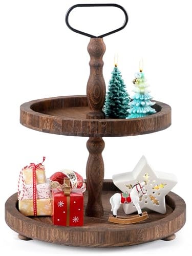 RoseHot 2 Tiered Tray, Rustic Round Farmhouse Style Decorative Tray, Dessert Stand Kitchen Island Decor, Wooden Serving Tray for Coffee Food Fruits Cupcakes, Home Decor Holiday Display, Dark Wood
