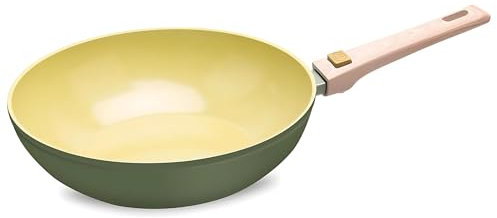 AMERCOOK - Wok AmVegan 20cm - Poignée Amovible - Revêtement Céramique Antiadhésif à l'Huile d'Olive - 100% Vegan - Induction, Four & Air Fryer - Lave-Vaisselle - Vert Olive