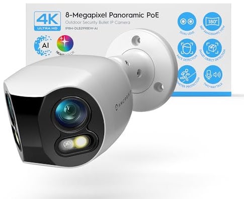 Amcrest UltraHD 4K (8MP), Telecamera IP PoE AI, visione notturna a colori 60 piedi, telecamera di sicurezza per esterni, illuminazione intelligente, 4K @15 fps, IP8M-DLB2998EW-AI (bianco)