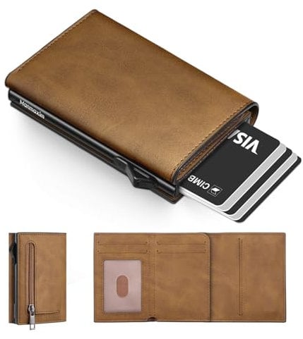 Manmaxim Mens Wallets, Slim Wallets for Men RFID Blocking, Pop Up Credit Card Holder for Men Minimalist Wallet, Smart Metal Card Wallet with Coin Pocket & ID Window (Brown)