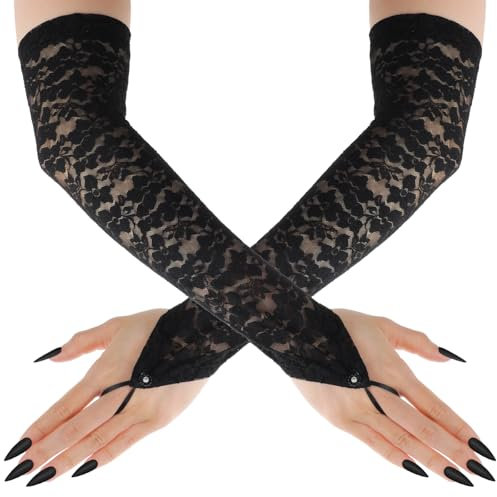 Sibba Spitzenhandschuhe Schwarze Halloween Spitze Fingerlose Handschuhe Armbezüge Damen Ellenbogen 1920s Handschuhe Klassische Opernhandschuhe Brauthandschuhe Kostüm Motto Teeparty Abschlussball