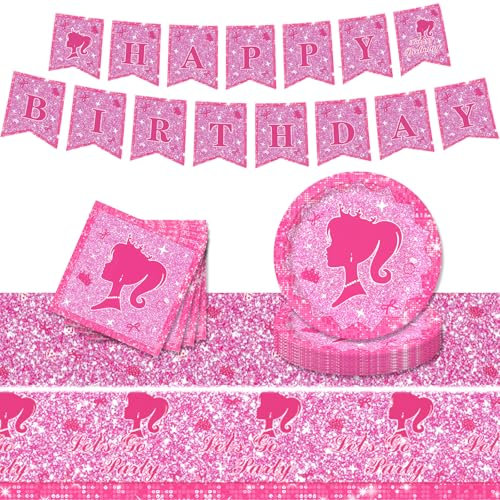 POPOYU 52 Pièces Vaisselle Bar-bie de Fête Princesse, Rose Assiettes Serviettes Nappe Happy Birthday Bannière Decoration Anniversaire Bar-bie Fille Enfants Party Mariages Baby Shower pour 16 Invités