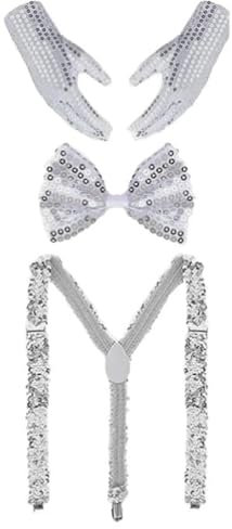 CHRI glitzer outfit herren 5er Set,glitzer hemd Zubehör deko glitzer outfit Accessoires mit Pailletten Hosenträger, hut, krawatten, fliege, handschuh für Fasching disco party
