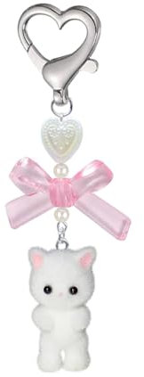 Porte-clés chat mignon, cadeau kawaii en peluche, pendentif Y2K avec nœud en cœur, parfait pour sac à main, sac à dos ou clé, accessoire décoratif pour filles et femmes,pour amoureux des chats(blanc )