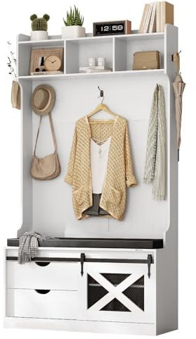 Garderobenständer, 6 in 1 Garderobe mit Schuhbank & 6 Haken, flurgarderobe mit 3 obere Ablage, Schuhbank mit Sitzfläche, Garderobenschrank Flur Eingangsbereich, 196x107x40 cm