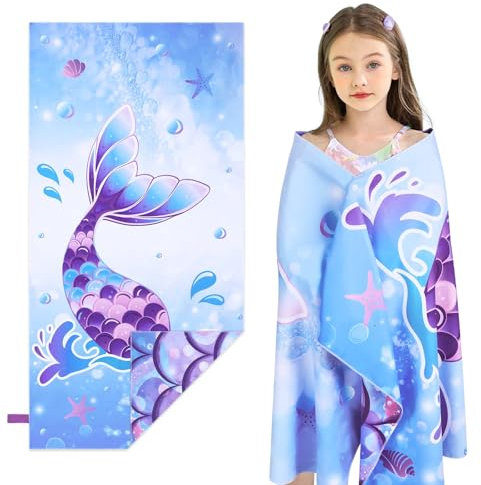 WERNNSAI Strandtuch für Mädche, Meerjungfrau Kinder Mikrofaser Badetuch 76 X 150 cm, Strandhandtuch zum Baden leicht und schnelltrocknend Superweich Saugfähig, Kinder Pool Reisen Schwimmen Duschtuch