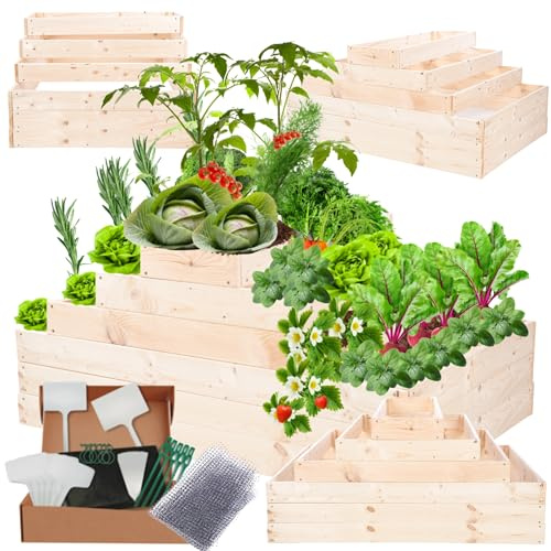 MODO24 Hochbeet Holz, Kräuterbeet, Gartenbeet, Pflanzbeet, Blumenbeet, Stufenbeet, für Garten und Terrasse, Kiefernholz, Massivholz, höhenverstellbar, Abmessungen 54x117x100 cm, Farbe: Natur