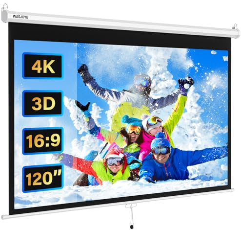 WASJOYE Manuale Telo Proiettore Avvolgibile - Universale 120 Pollici Roll-Down Schermo Proiettore Retrattile w/Auto-Locking, Projector Screen Altezza dello Schermo Regolabile, Bordo Nero Maschera