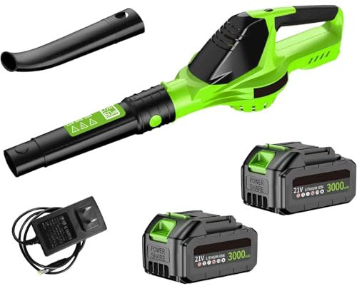 Soffiatore di foglie senza fili 21 V, soffiatore a foglie con 2 batterie 3,0 Ah, 600 W, 5 velocità per la manutenzione del prato, soffiaggio della neve e rimozione della polvere (con 2 x 3.0ah