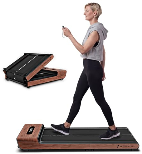 Sportstech Walking Pad für Zuhause klappbar, bis 8 km/h, Schrittezähler, für Schreibtisch und Büro, Home Office, Deutsche Qualitätsmarke, App kompatibel, leise, 120 kg belastbar, WoodPad Pro
