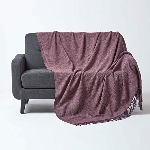 HOMESCAPES Nirvana Mauve Purple Handwoven 100% Pure Cotton Throw 100 x 140 Inches, Bedspread Blanket with Handknotted Tassels in Very Durable and Heavy Quality, Easy-Care and Washable at Home