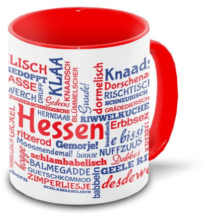 Hessen-Tasse Tagcloud - weiß/rot - Tasse mit typischen Wörtern im hessischen Dialekt | Keramik-Tasse mit 330 ml Inhalt