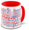 Hessen-Tasse Tagcloud - weiß/rot - Tasse mit typischen Wörtern im hessischen Dialekt | Keramik-Tasse mit 330 ml Inhalt