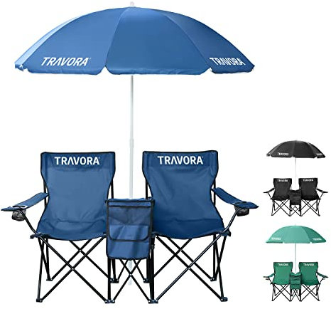 TRAVORA 2er Partner Camping Stuhl mit Sonnenschirm und Kühlfach und Logo- Campingstuhl faltbar für Zwei Personen - Klappstuhl Camping - Campingstuhl Angelstuhl als Doppelsitzer (Blau)