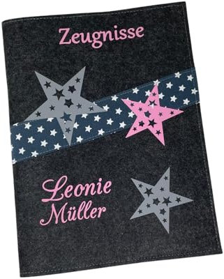 Zeugnismappe mit Namen - Mädchen und Jungen - Personalisiert Filz A4 Stern Rosa - Dokumenten Urkunden Mappe Kinder - Hefter Zeugnisse - Sichtbuch