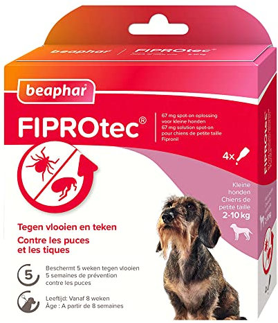 Beaphar – FIPROTEC 67 MG – Solution Spot-on pour Petits Chiens (2-10 kg) – À Base de Fipronil – Contre Les Puces – Protège Contre Les Infestations par Les Tiques – 4 Pipettes de 0,67 ML