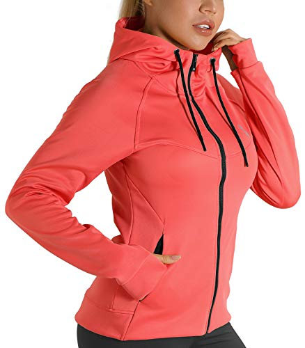icyzone Veste de Sport pour Femme - Sweat à capuche Poignets élastiques avec trous de pouce Pour l’exercice, la gym et autres sports (L, Corail)