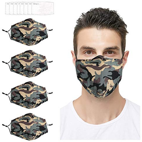 Lulupi 4 Stück Erwachsene Unisex Mundschutz Multifunktionstuch Camouflage Atmungsaktiver Baumwoll Mund-Nasenschutz Waschbare Staubdicht Stoffmaske Mundmaske Camo Motorrad Bandana Halstuch Schals