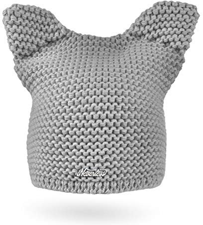 Neverless® Damen Strickmütze Katze Katzenohren Winter-Mütze Grobstrickmuster Strick-Beanie Hellgrau