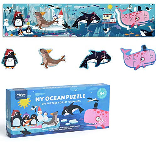 boppi Mideer Puzzle - Kinder Puzzel mit Ozean Tieren zum rausnehmen. 28 extra Feste Puzzleteile für Kleinkinder ab 3 Jahren. 22 cm x 100 cm langes Bodenpuzzle.