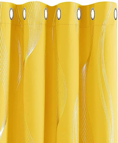 Deconovo blackout curtain with pattern, curtains for living room, opaque blackout curtain, 183 x 117 cm (height x width), mustard yellow, set of 2