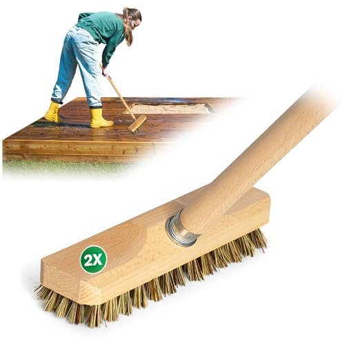 Novaliv 2 escobillas de madera estable con cerdas de plástico con rosca y mango de madera, cepillo de suelo de la Unión, ideal para la limpieza de balcón, terraza, jardín, interior y exterior