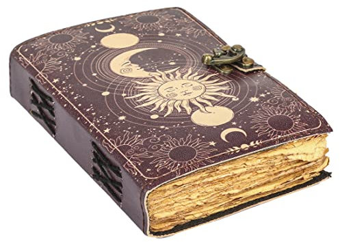 Sun & Moon Vintage-Leder-Tagebuch für Damen und Herren, 200 Seiten, antikes handgefertigtes Büttenrand, Vintage-Papier, Leder-Skizzenbuch, Zeichen-Tagebuch, bedrucktes Leder-Tagebuch, tolles Geschenk