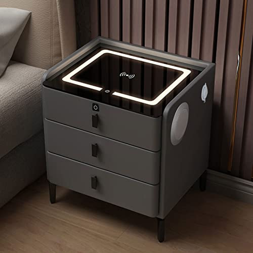 DWLOMHE Bedroom Smart Bedside Table with 3 Drawers, USB, Three-color light, Wireless Charging Port and Fingerprint lock, bluetooth speaker Side Table, for Bedroom and Living Room (dark grey)