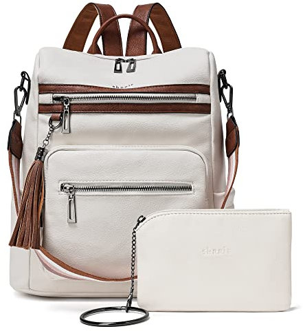 Shrrie Rucksack Damen,Cityrucksack Reiserucksack,PU Lederrucksack Handtasche Rucksack Damen Wasserdicht mit Geldbörse für Freizeit,Büro,Pendeln,Arbeit,Daypack-Beige mit Braun