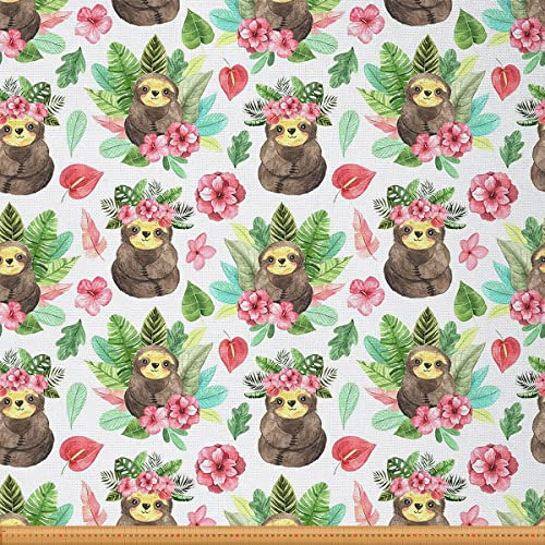 Karikatur Faultier Stoff Meterware Kawaii Faultier Möbelstoff Palmenblatt Kirschblüte Monstera Dekostoff Hawaiian Tropenblatt Tier Wasserdichter Stoff Diy Craft Patchwork, 92 x 150 (HxB)