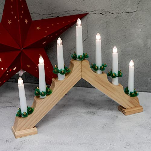 GEEZY Wooden Christmas Candle Bridge Arch in Natural Wood Finish - LED Christmas Candles Battery Operated Lights - Xmas Candles Christmas Window Sill Decorations and Ornaments
