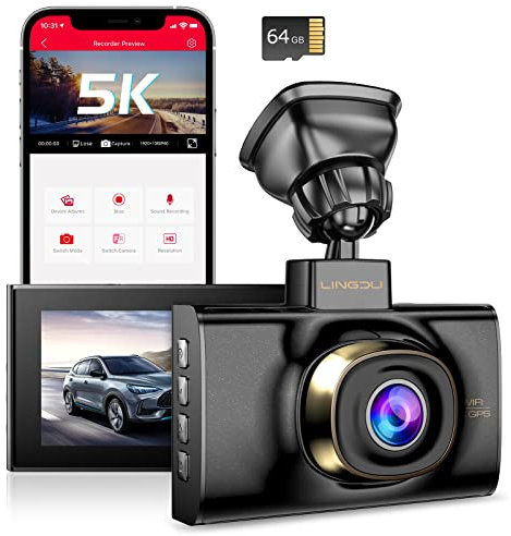 LINGDU Dash Cam 5K with Voice Control, 5G WiFi, GPS, Parking Monitor, 3 IPS Screen, 170 Wide Angle, Night Vision, Bump Detection, Loop Recording, G-sensor, 64G Card Dual Dash Camera