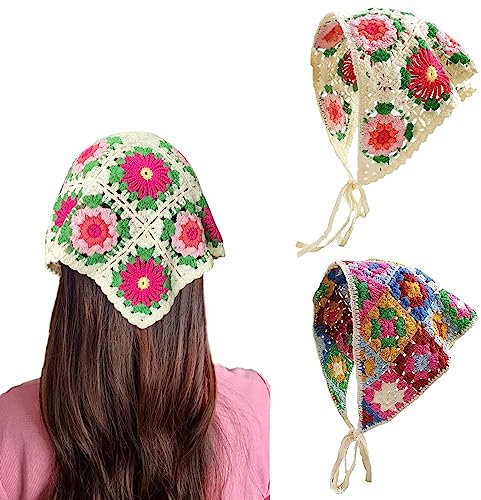 Kunyeah 2 Stück gehäkeltes Haarbandana, Blumen-Haarschal, Boho-Kopftuch, Vintage-Stirnbänder, Dreieck-Haarband, handgefertigt, Haarschmuck für Mädchen und Frauen (bunt/beige)