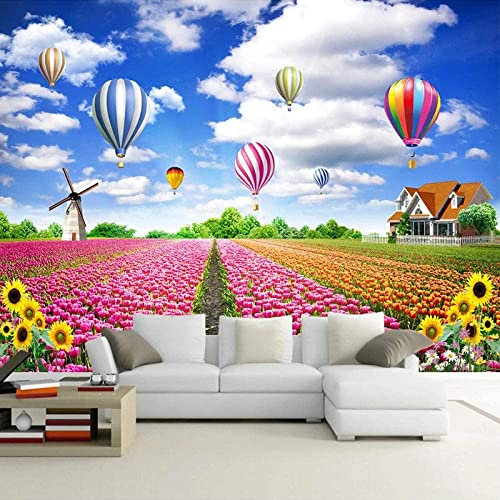 Ciel Bleu Et Nuages ​​Blancs Montgolfière Fleurs Vent Naturel Idyllique Papier Peint 3D Mural, Peinture Murale Photo Décorative, Adaptée Au Salon Et À La Chambre À C 400 (largeur) x 280 (hauteur) cm