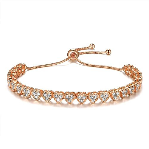 JSGEMSLEE Braccialetto tennis da donna placcato in oro rosa, con zirconia cubica, regolabile, a forma di cuore, per damigella d'onore, regalo per matrimonio, con zirconia cubica, One Size, Zirconia