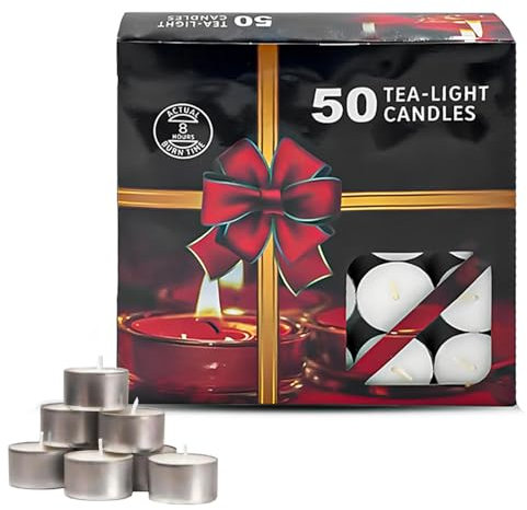 ANGIX 8 Hour Tea Light Candles, 50 Pack, Long Burning Shrink Wrapped Candles, Smokeless & Dripless, Long Lasting Unscented Tea Lights for Home Decor, Weddings & Parties, Candle Sets - White