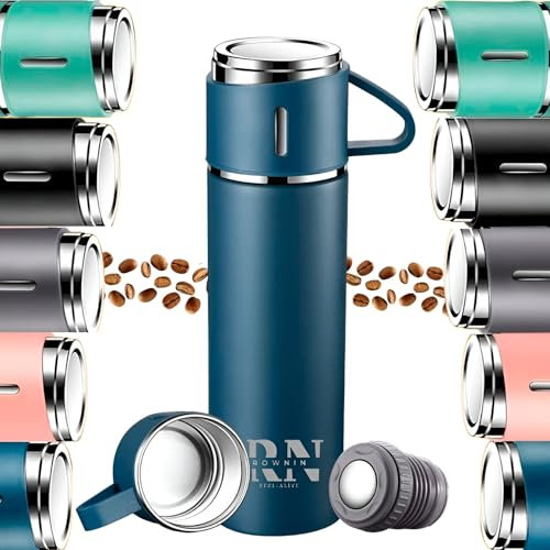 Termo Rownin Cafe Acero Inoxidable 304-18 horas - 500ml - Botella Termica a Prueba De fugas Aislamiento Antigoteo - Bebidas Calientes Por 18 Horas y Frías Por 18-3 Tazas De Recambio (Rosa)