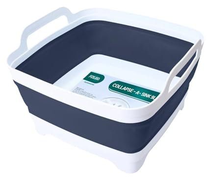 FOSJGO 2.4 Gal(9L) Collapsible Dish Basin with Drain Plug,Space Saving Multiuse Foldable Sink Tub,Dishpan,Kitchen Sink for Camping,Plastic Tub,Vegetable Washing,RV
