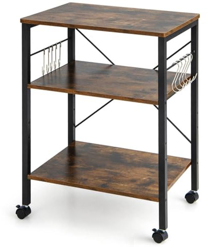 GiantexUK Kitchen Baker's Rack, 3 Tier Serving Cart Microwave Stand with Lockable Wheels & 5/10 Hooks, Rolling Storage Trolley for Home Office Living Room (Rustic Brown, 2 Adjustable Shelves)