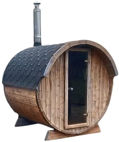 Tonneau Sauna d'extérieur en kit chaudière au bois et pierres de lave COMPRISES, épicéa naturel, 2 à 4 personnes 2,20m x diam 1,96m / hauteur 2,15m shingle noir