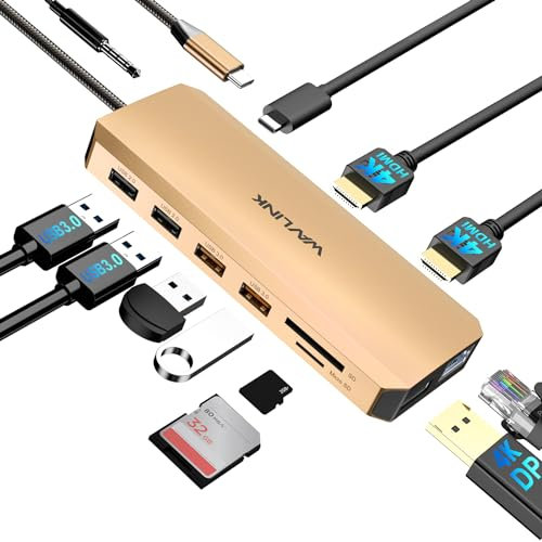 USB C Docking Station 3 Monitores 2 HDMI+ DisplayPort, WAVLINK 100W Dockingstation Laptop USB C Dock con 4K HDMI/DisplayPort, Gigabit Ethernet, 4 USB, SD/TF, audio de 3,5 mm para