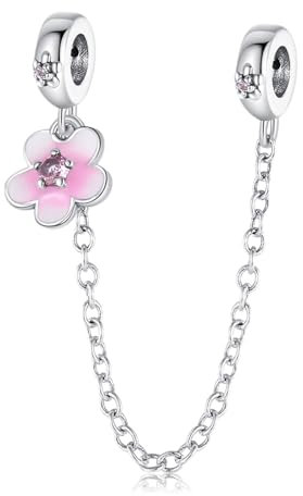 Rimgoris 925 Sterling Silber Charms passen zu Armbändern und Halsketten, rosa Sakura-Sicherheitsketten-Charm, baumelnde Perlen, Charms für Frauen und Mädchen