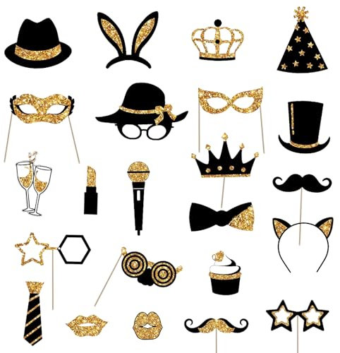 SRTSTR 24 Pezzi Photo Booth Compleanno Oro Nero, Photo Booth Matrimonio Accessori, Foto Props per Feste, Gadget Foto Mix di Cappelli Bicchiere da Vino Rossetto Cravatta Corone per Festa, Matrimoni