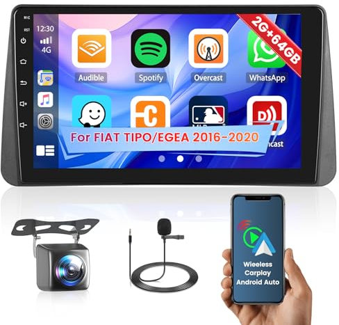 Inefala Autoradio per Fiat Tipo Egea 2016-2020, 2G+64G Android 13, Autoradio Bluetooth 2 Din Carplay Wireless Android Auto Stereo Auto 9 Pollici Touchscreen con GPS WiFi RDS/FM USB SWC Mic Retrocamera