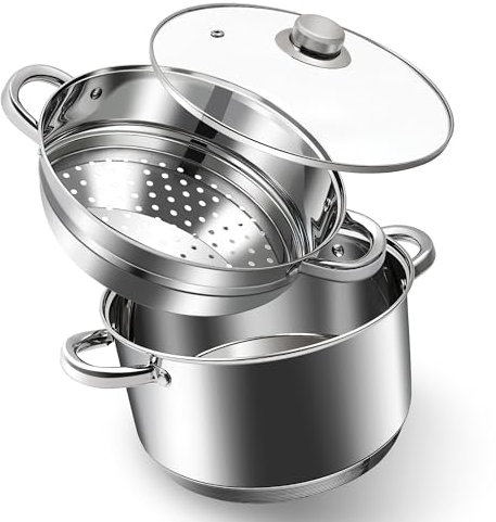 AuFranc® Olla y vaporera de acero inoxidable 18/10 de 6 cuartos de galón con tapa de vidrio templado, olla multiusos compatible con todas las cocinas, olla de sopa no tóxica, apta para horno y